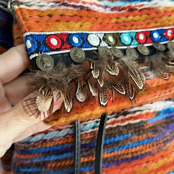 Southwestern Rug Backpack 13x11 Feathers Coins Embroidered Boho Western - Picture 3 of 8
